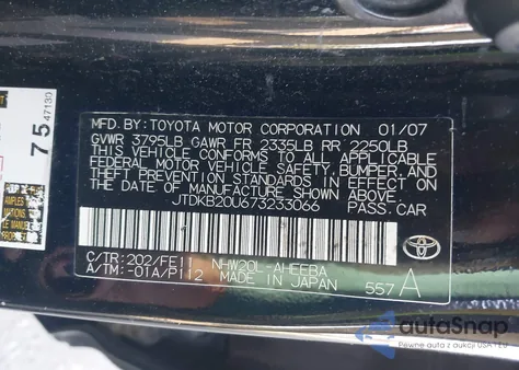 2007 Toyota Prius z USA, uszkodzony, nr VIN JTDKB20U673233066